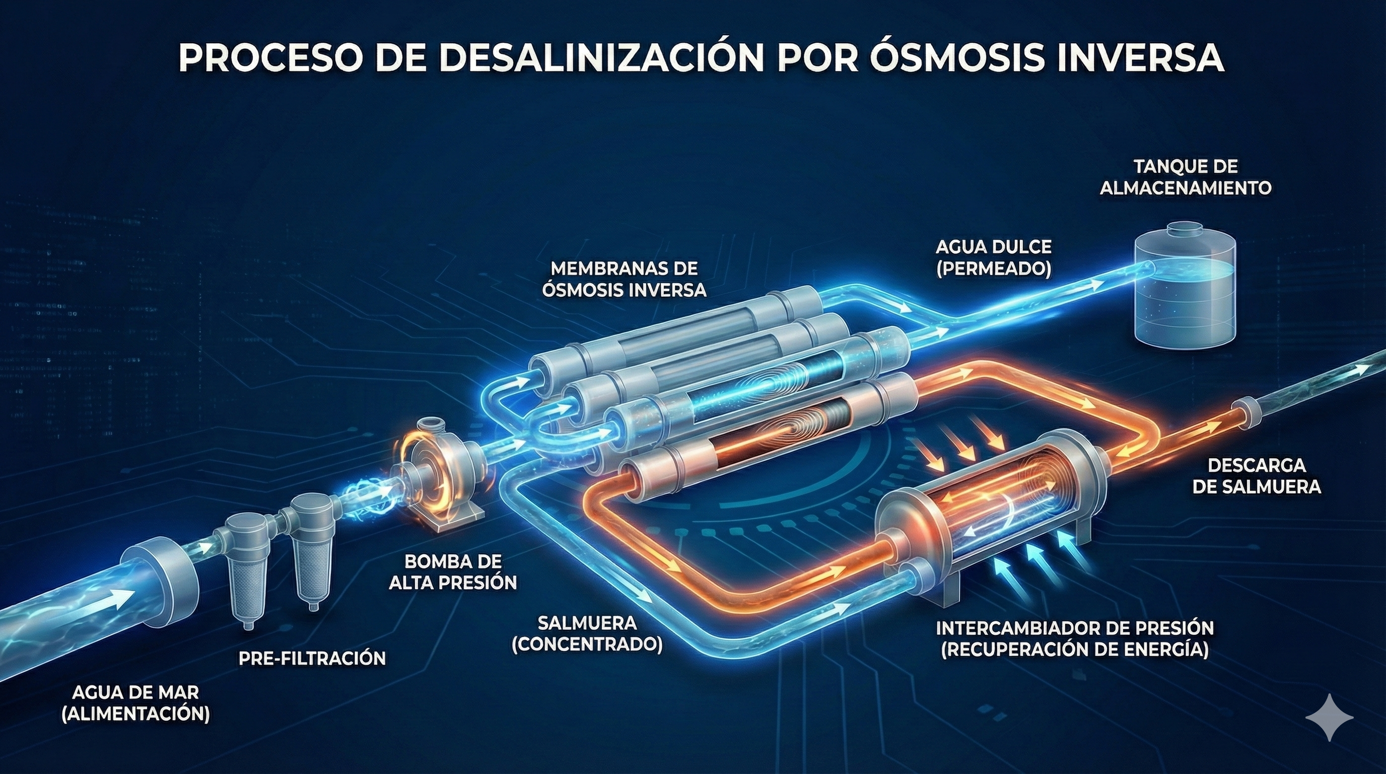 Diagrama del proceso de desalinización por ósmosis inversa